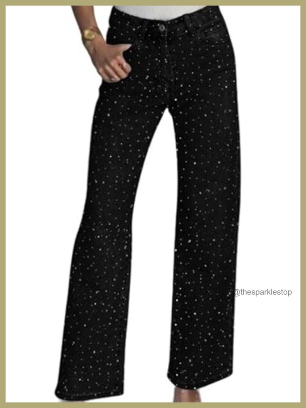 High Waisted Rhinestone Wide Leg Jeans Sparkly Glitter Embellished Denim Pants